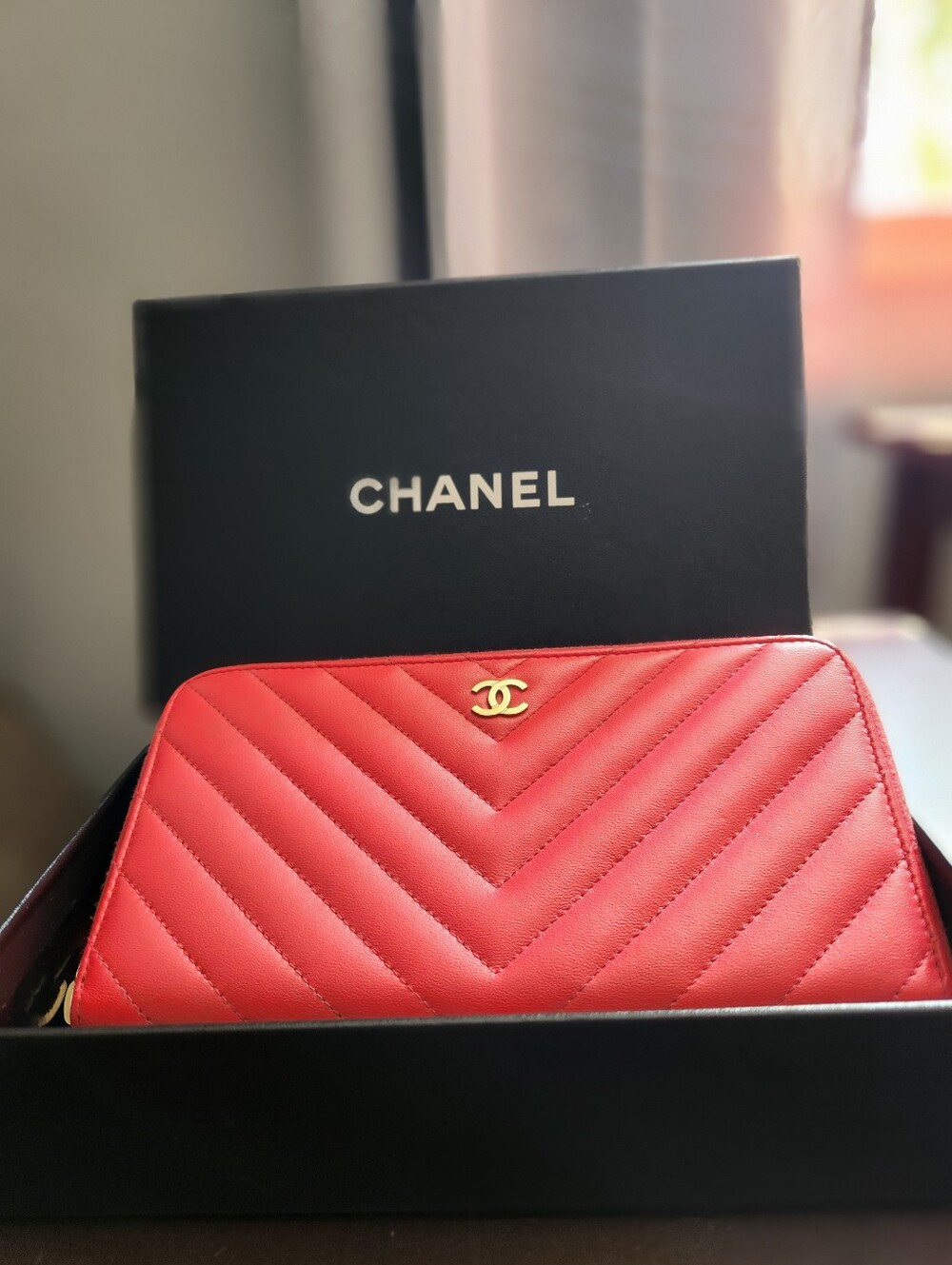 Chanel Orange Chevron Quilted Leather Zip Wallet With Cloth & Box